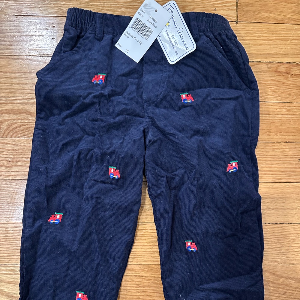 Toddler Boys Navy Blue Cords with Embroidered Trains